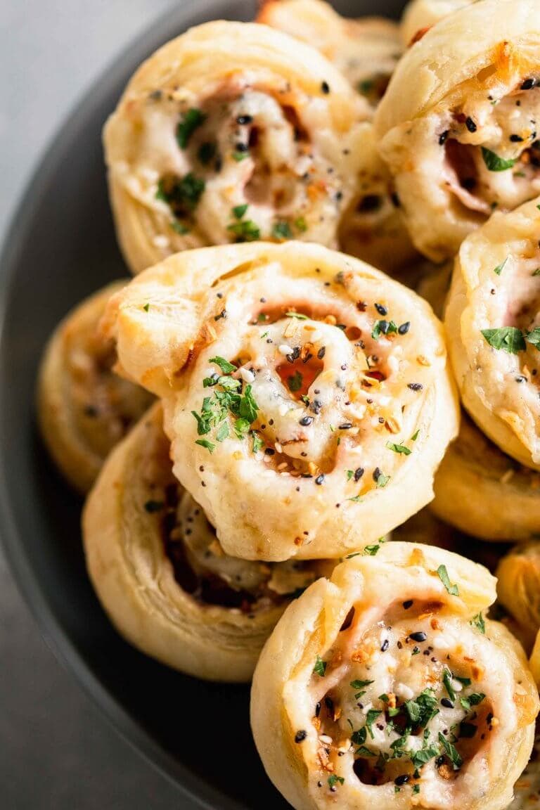 Ham and Cheese Pinwheels with “Everything” Bagel Seasoning Platings