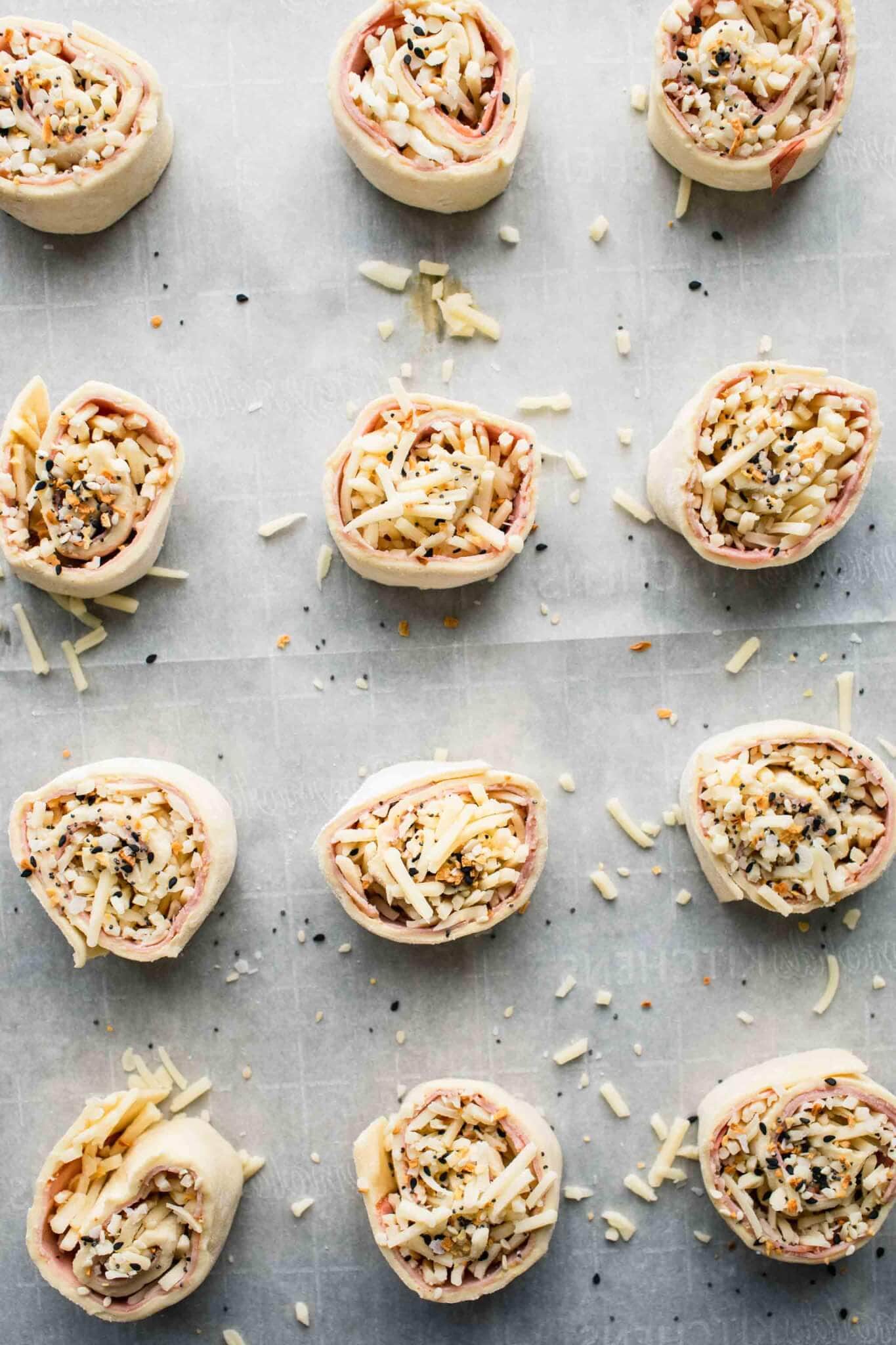 Ham and Cheese Pinwheels with “Everything” Bagel Seasoning Platings