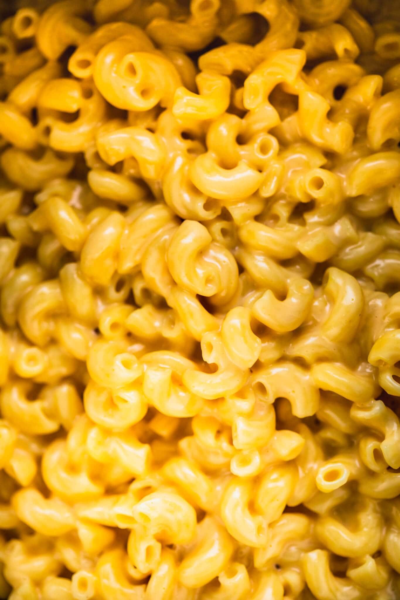 Overhead close up of mac and cheese noodles.