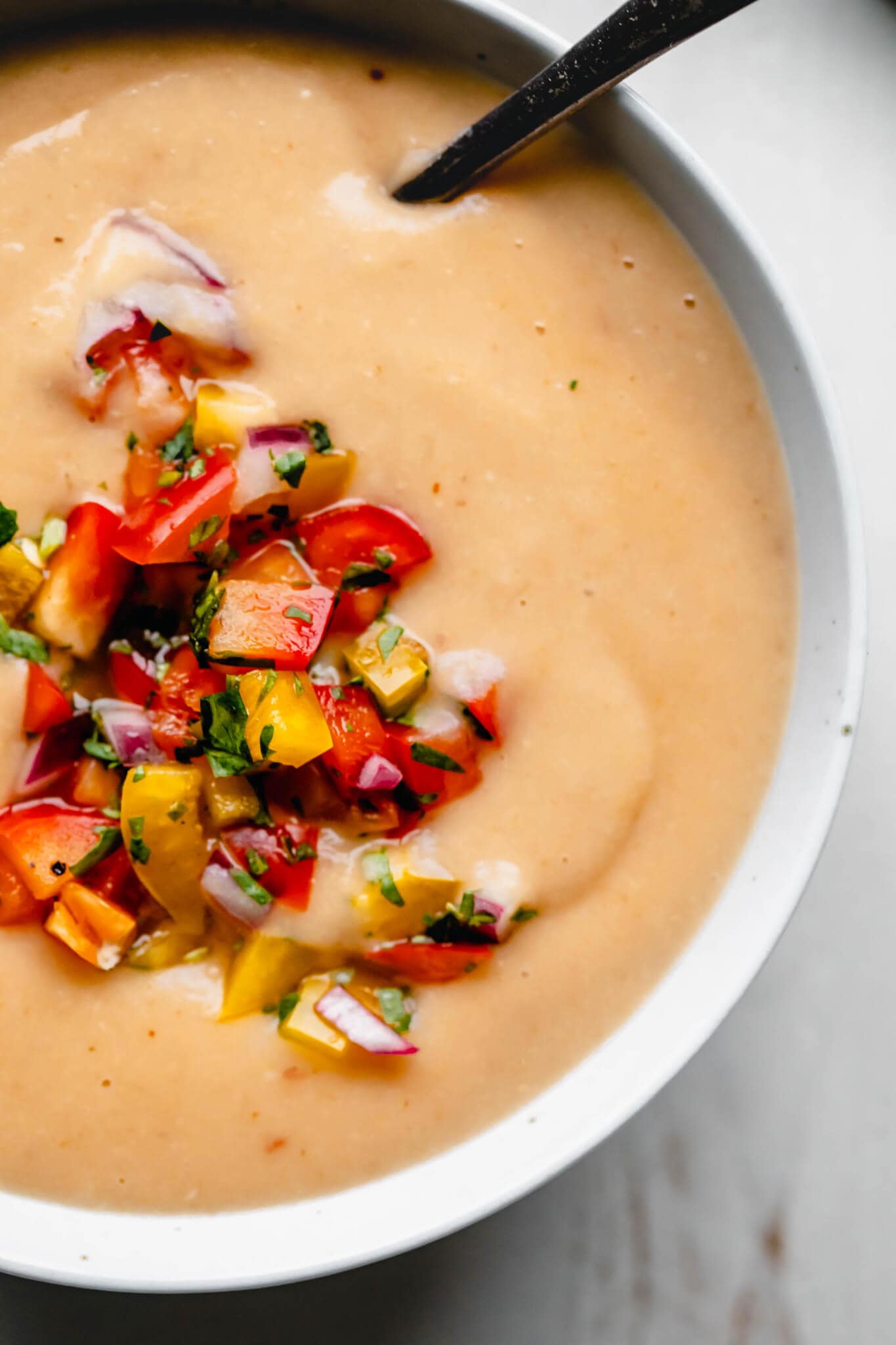 Overhead close up of potato cheese soup. 