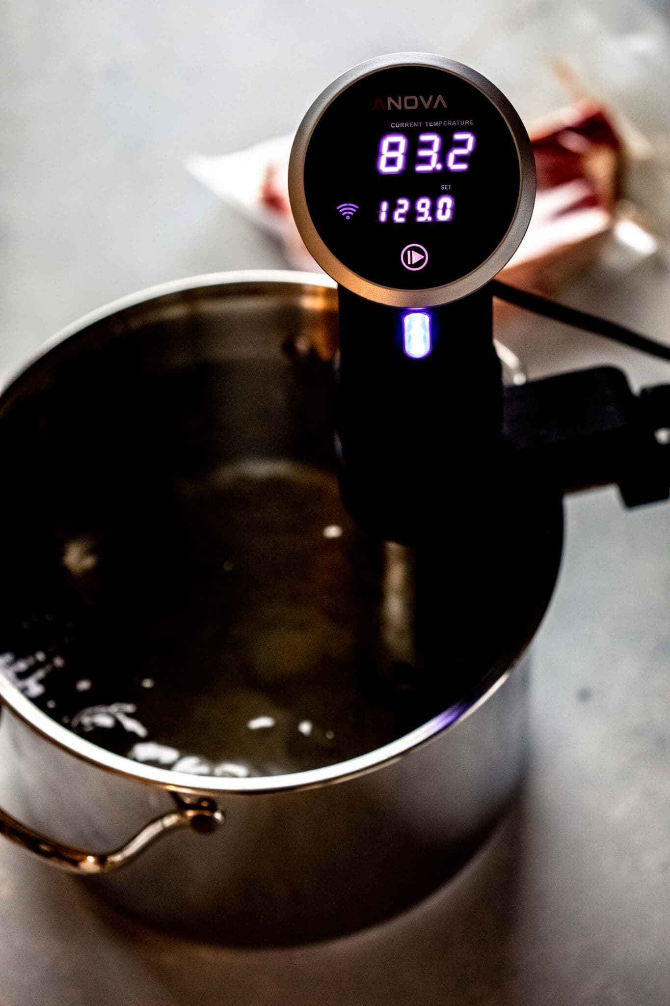 Sous vide in water bath.