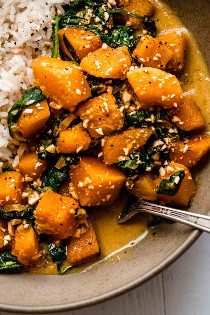 Close up of bowl of butternut curry. 