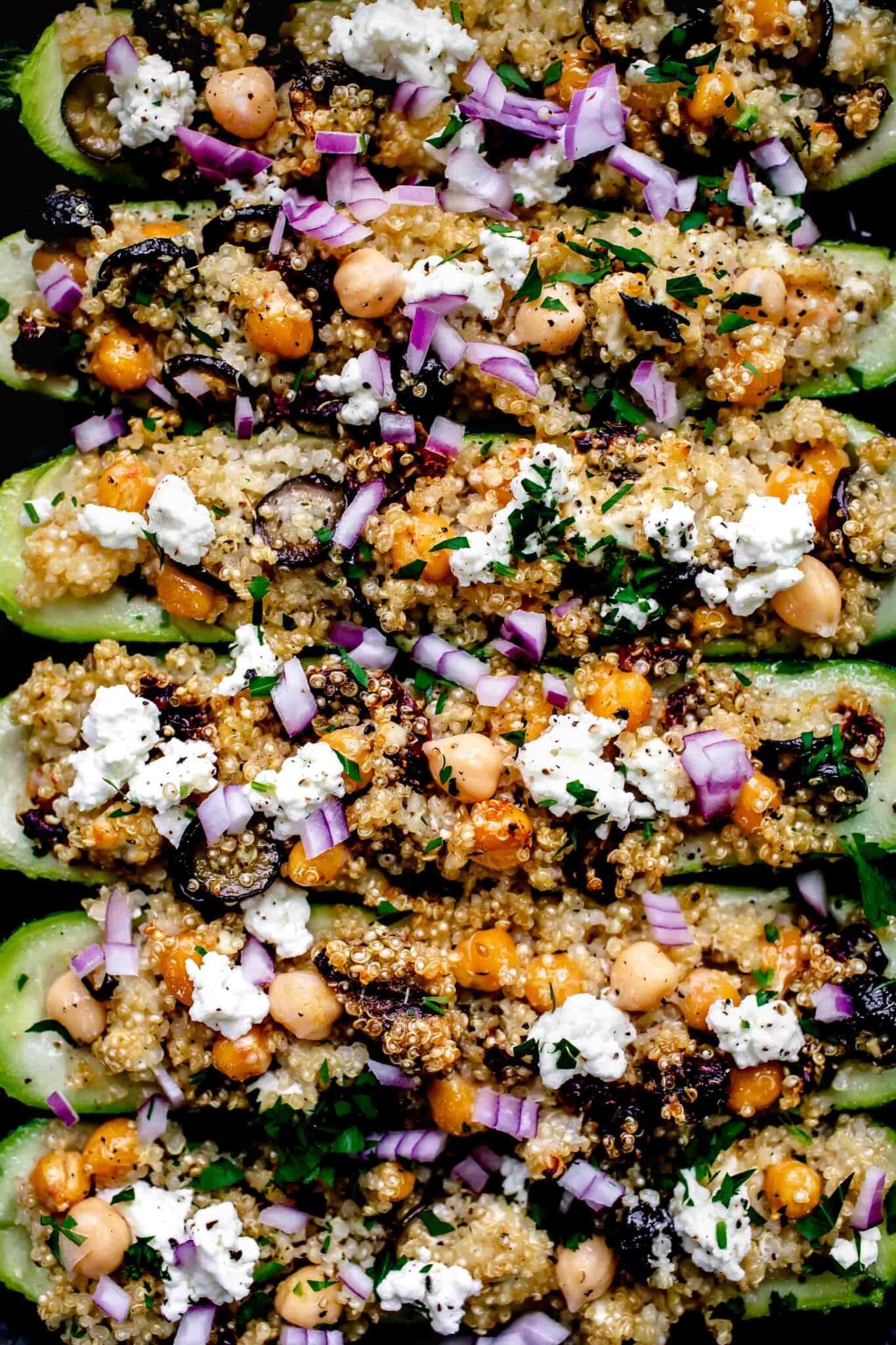 Overhead close up of baked zucchini boats.