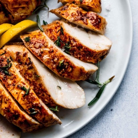 Close up of sliced chicken cooked sous vide.