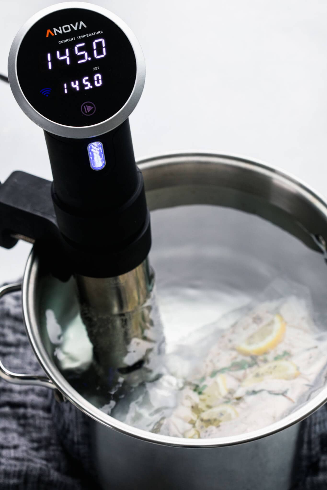 Sous vide machine in water bath.