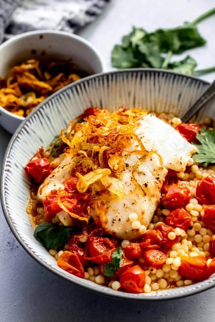 Tomato Poached Fish with Crispy Shallots + Chili