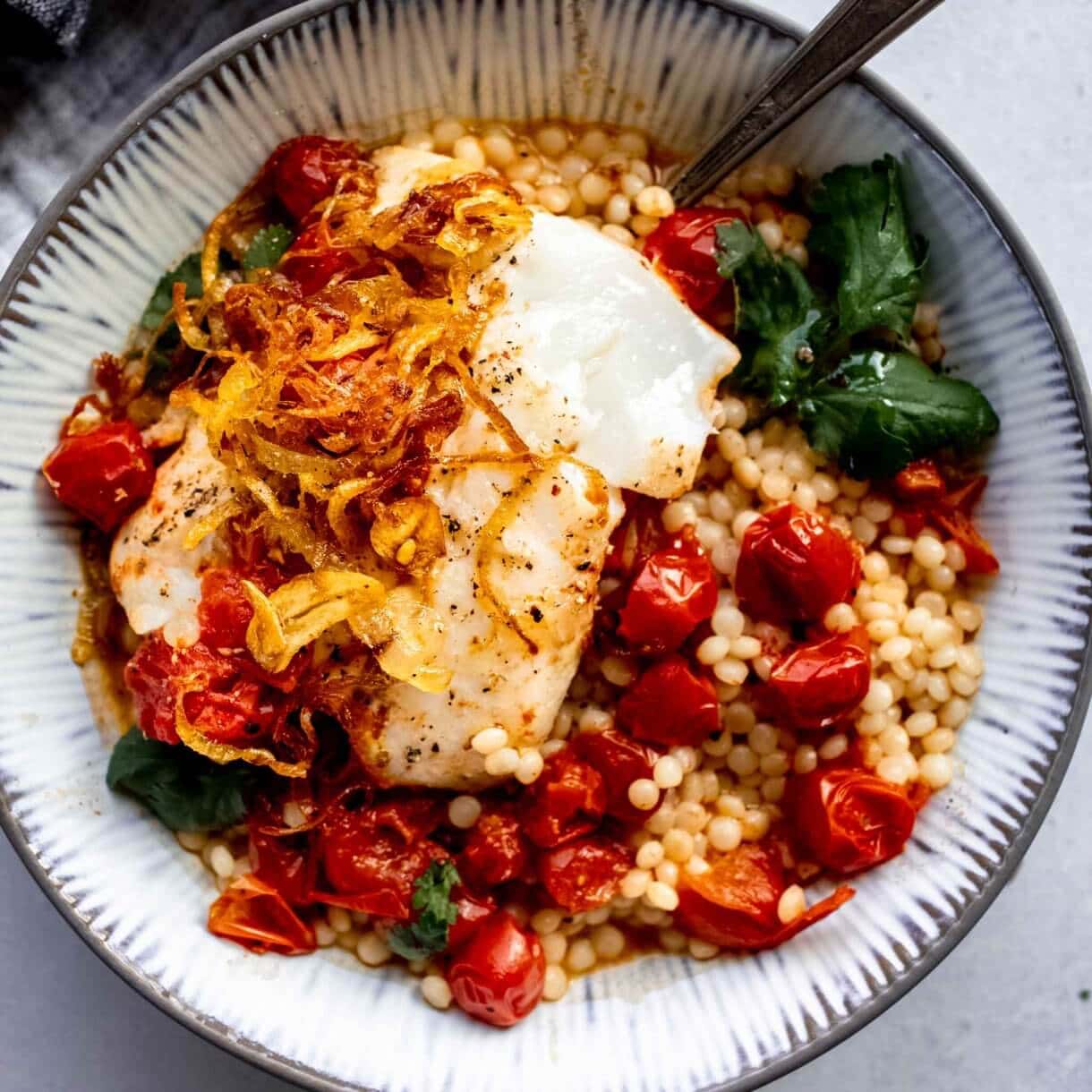 Tomato Poached Fish with Crispy Shallots + Chili