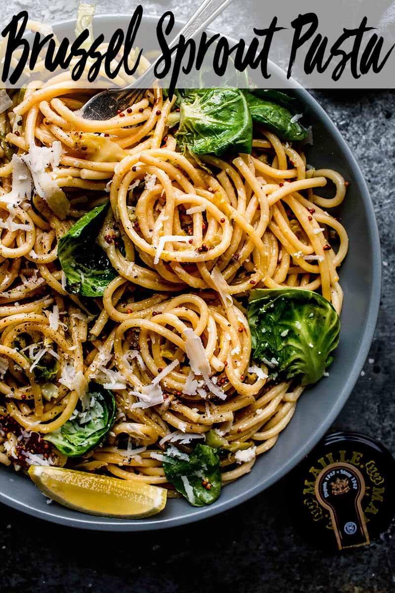 Cheesy Brussel Sprout Pasta with Grainy Mustard Platings + Pairings