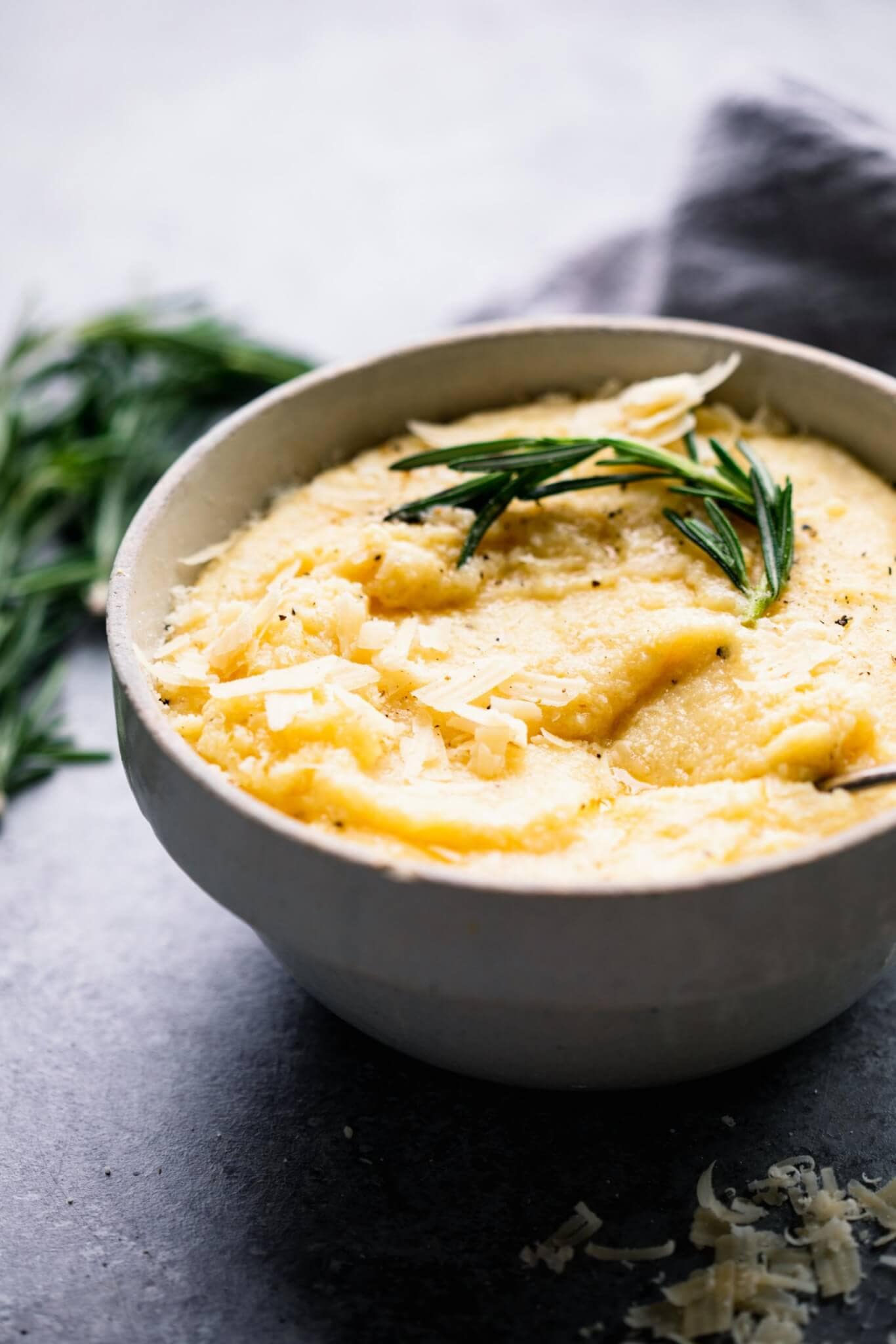 Side view of bowl of creamy polenta.
