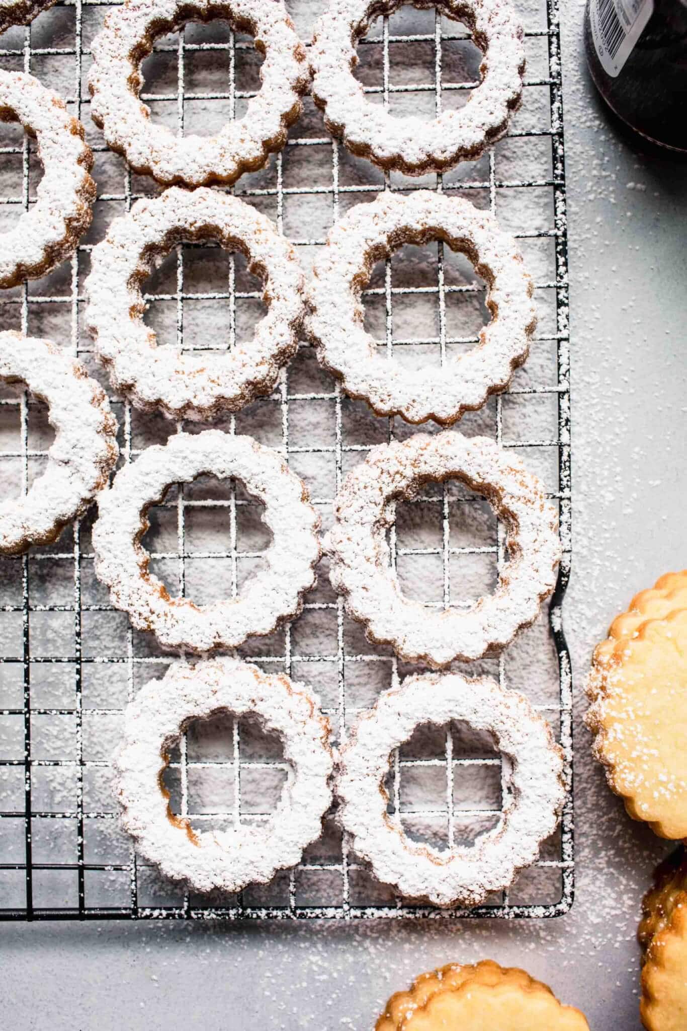 Cut out and baked cookies dusted with powdered sugar.