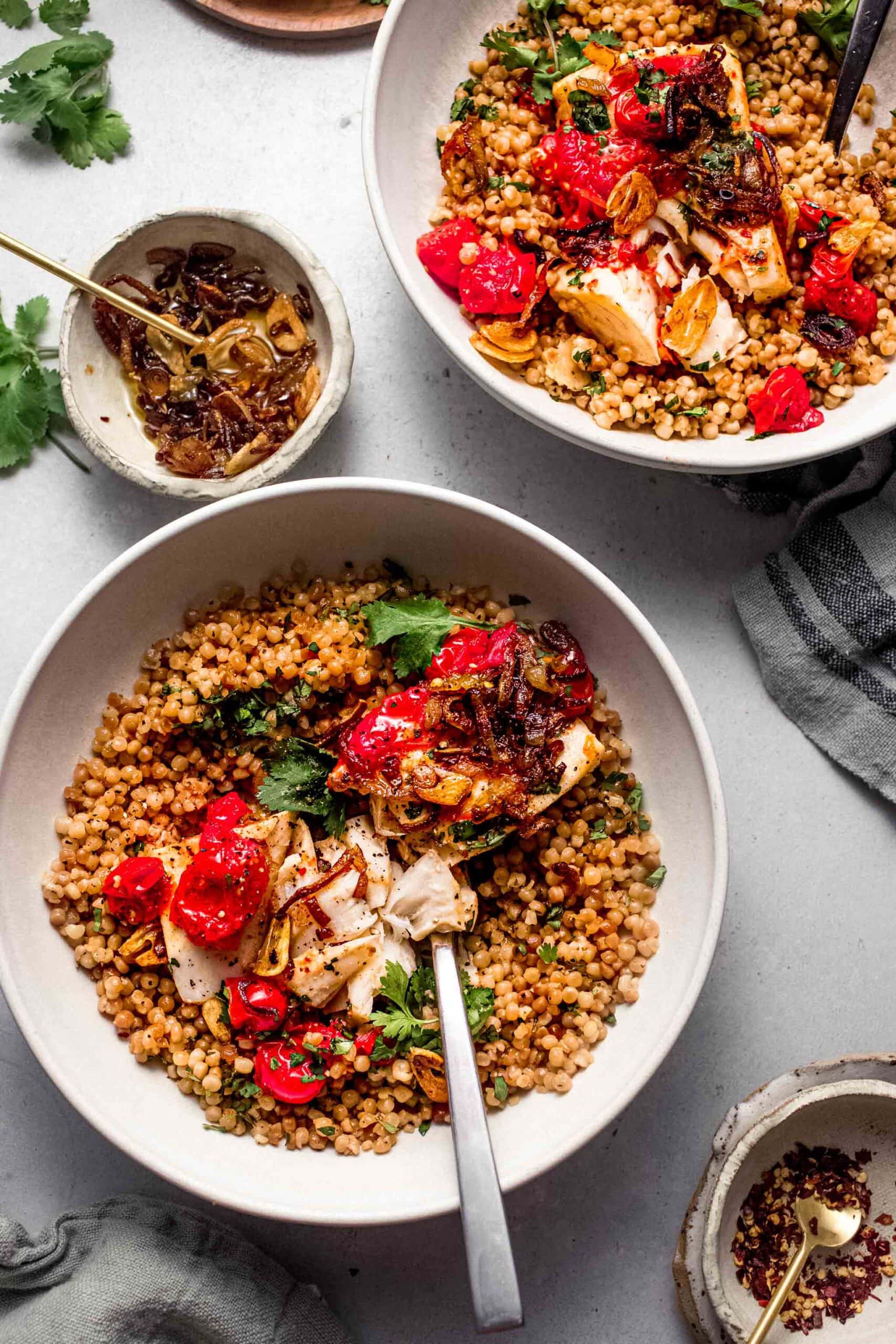 Tomato Poached Fish with Chile Oil + Herbs