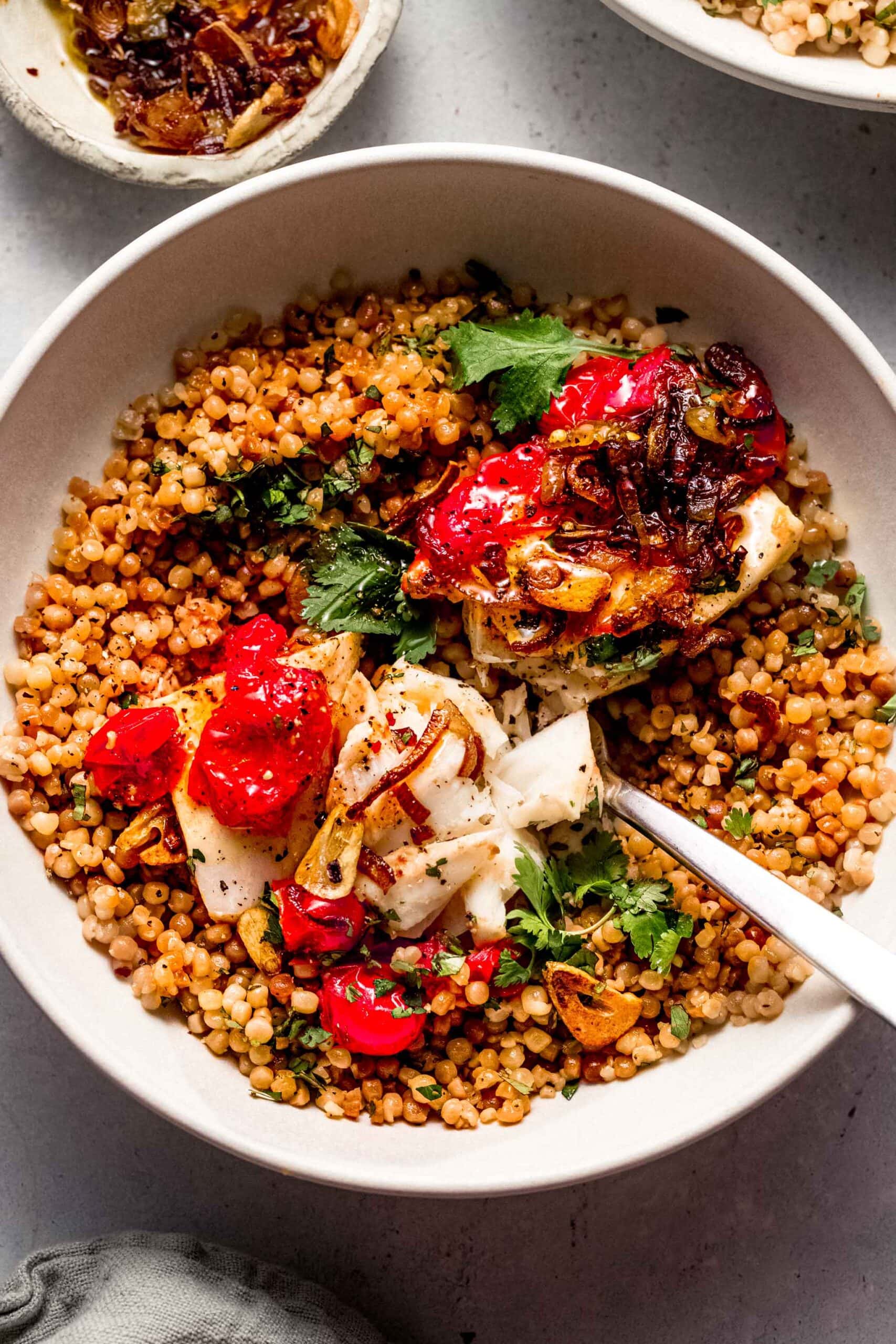 Tomato Poached Fish with Crispy Shallots + Chili