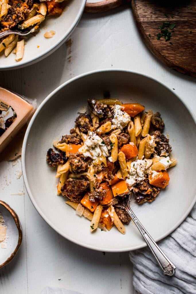 Bowl of pasta with butternut squash pasta sauce. 