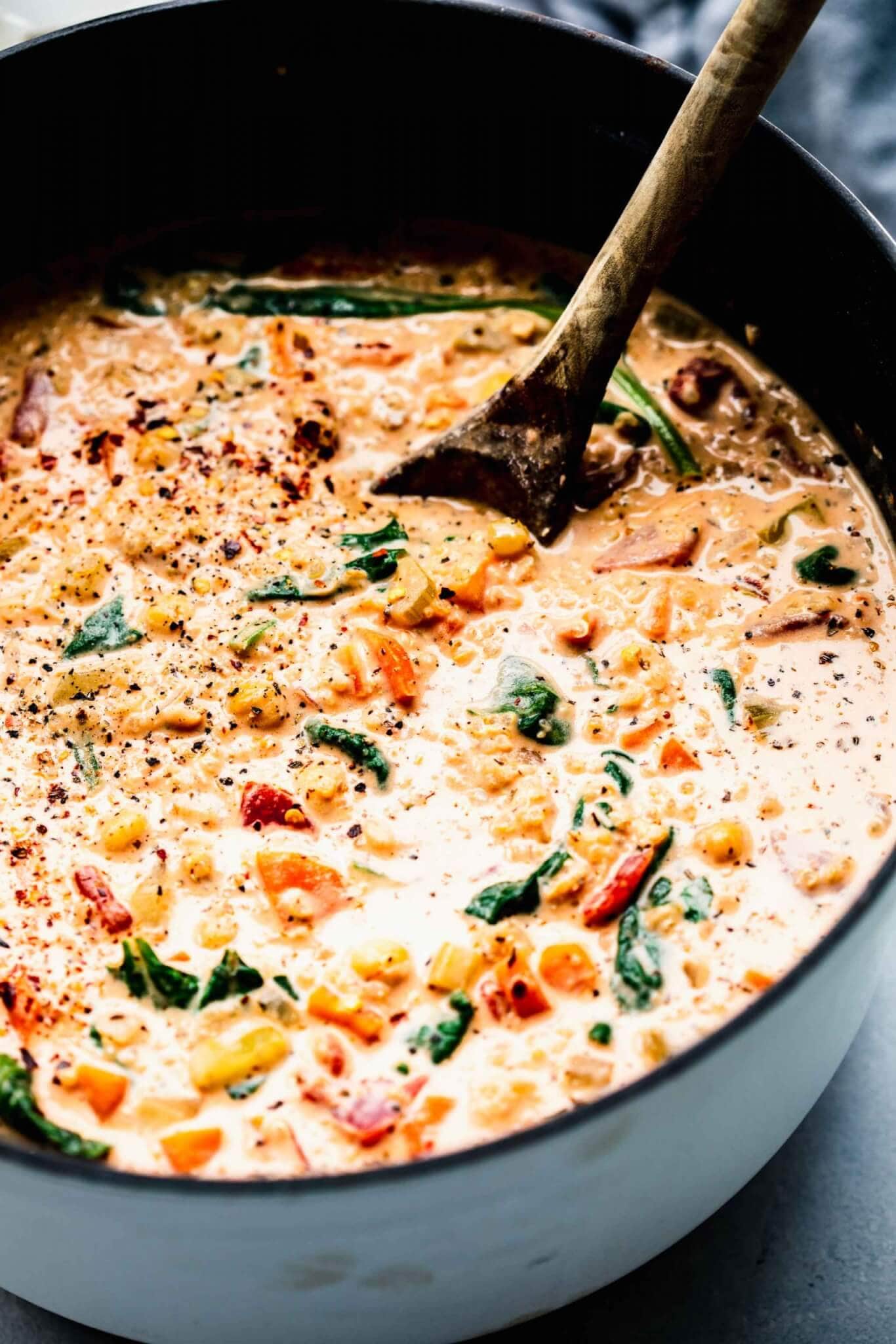 side view of quinoa soup in pot. 