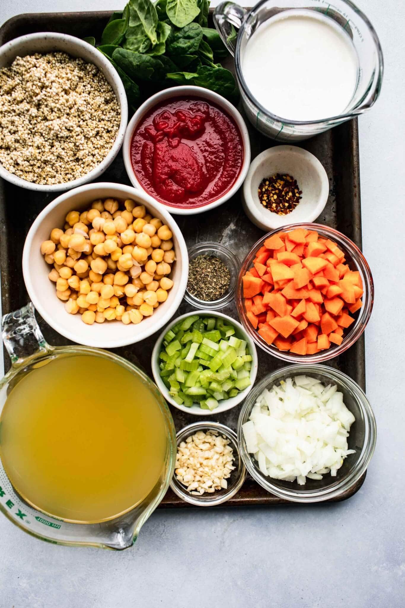 Ingredients for quinoa soup on tray