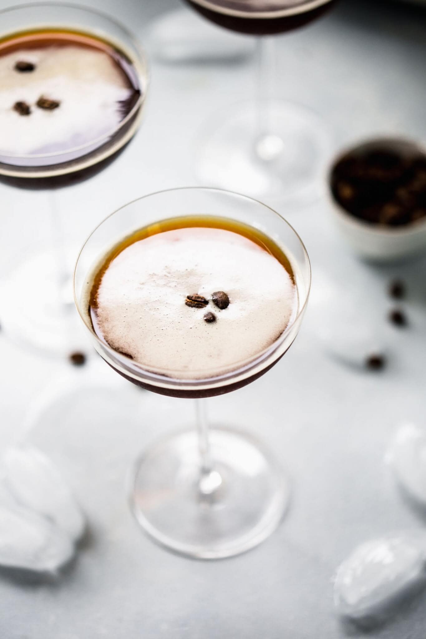 Overhead shot of espresso martinis ready to serve.