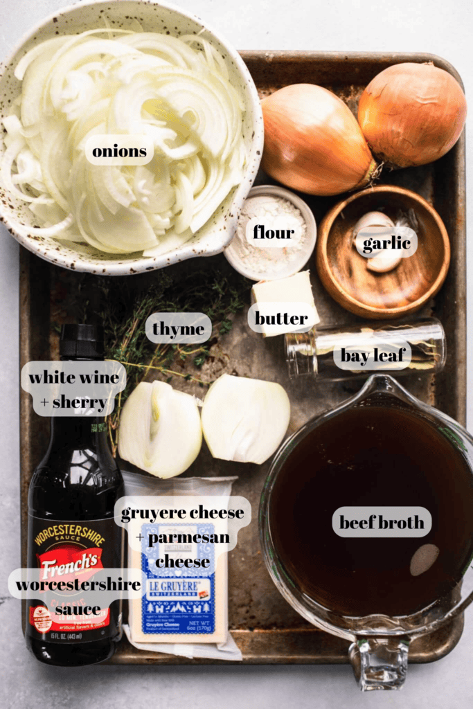 Ingredients for french onion soup labeled on tray. 