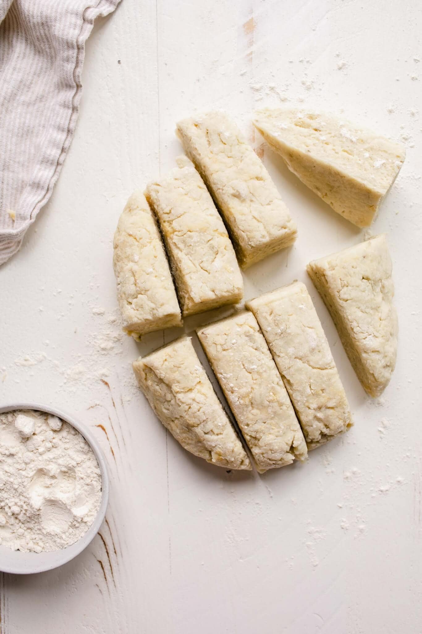 Gnocchi dough cut into 8 sections.