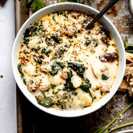 Overhead close up of bowl of zuppa toscana.