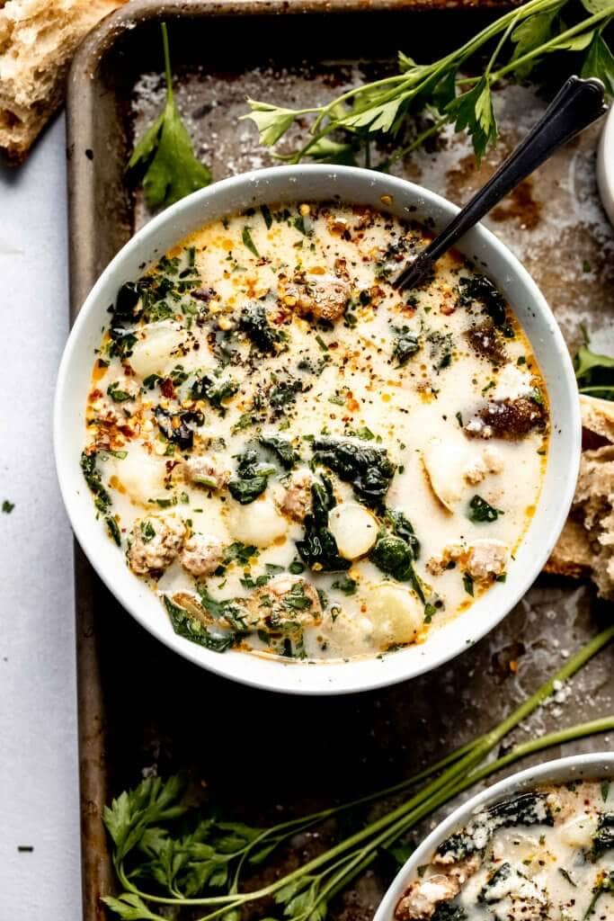 Overhead close up of bowl of zuppa toscana.