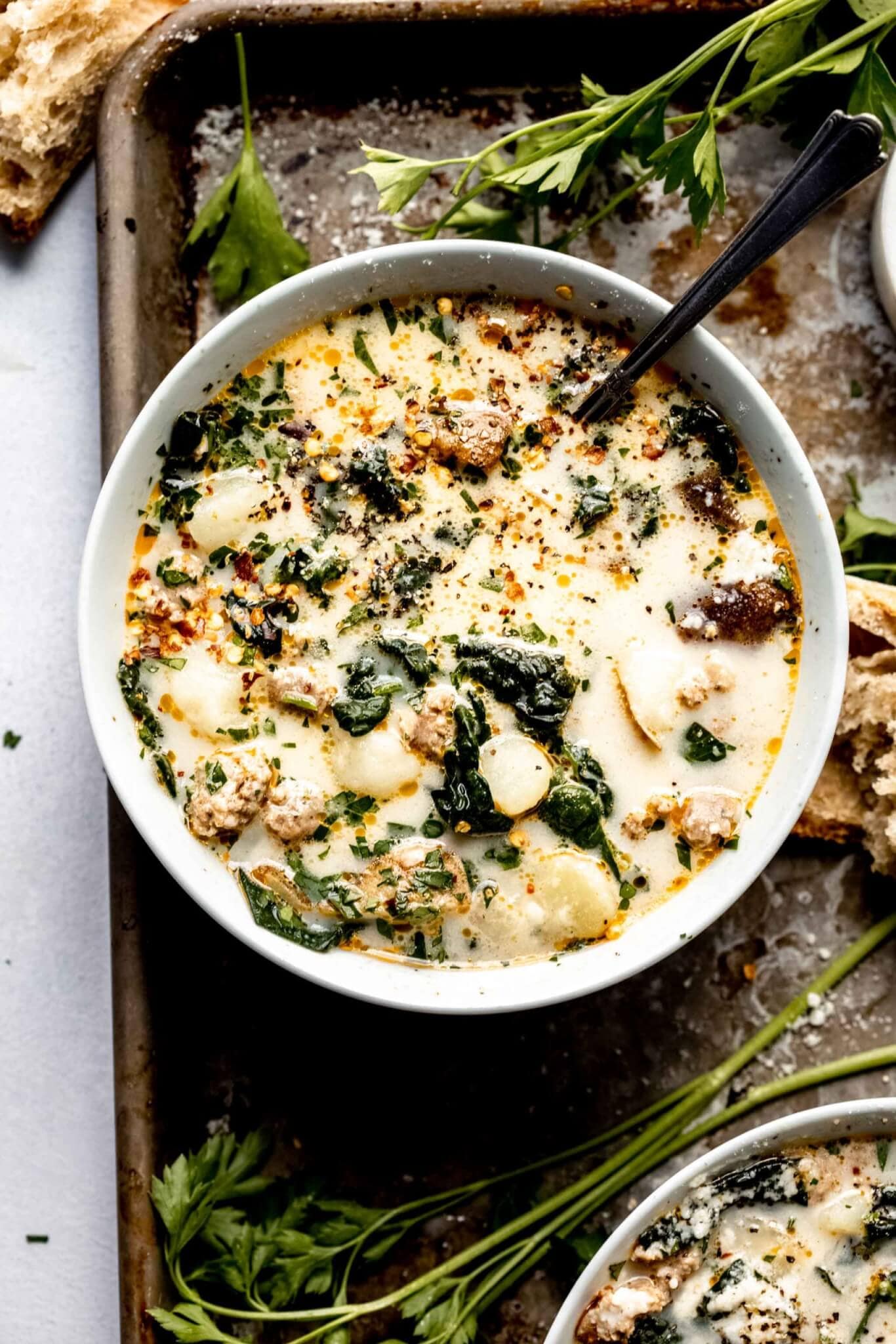 Overhead close up of bowl of zuppa toscana.