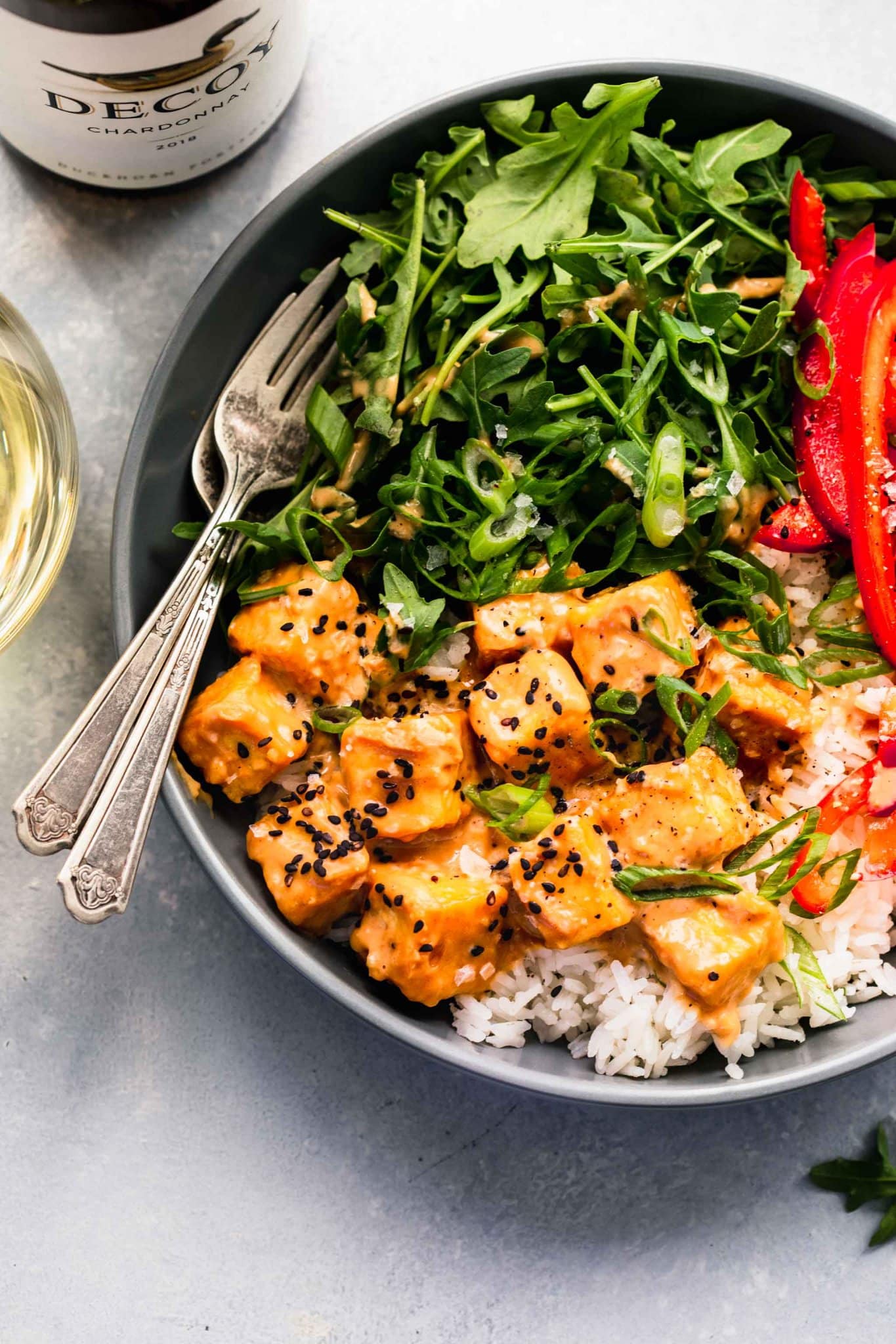 Spicy Peanut Tofu Bowls with Coconut Rice Platings + Pairings