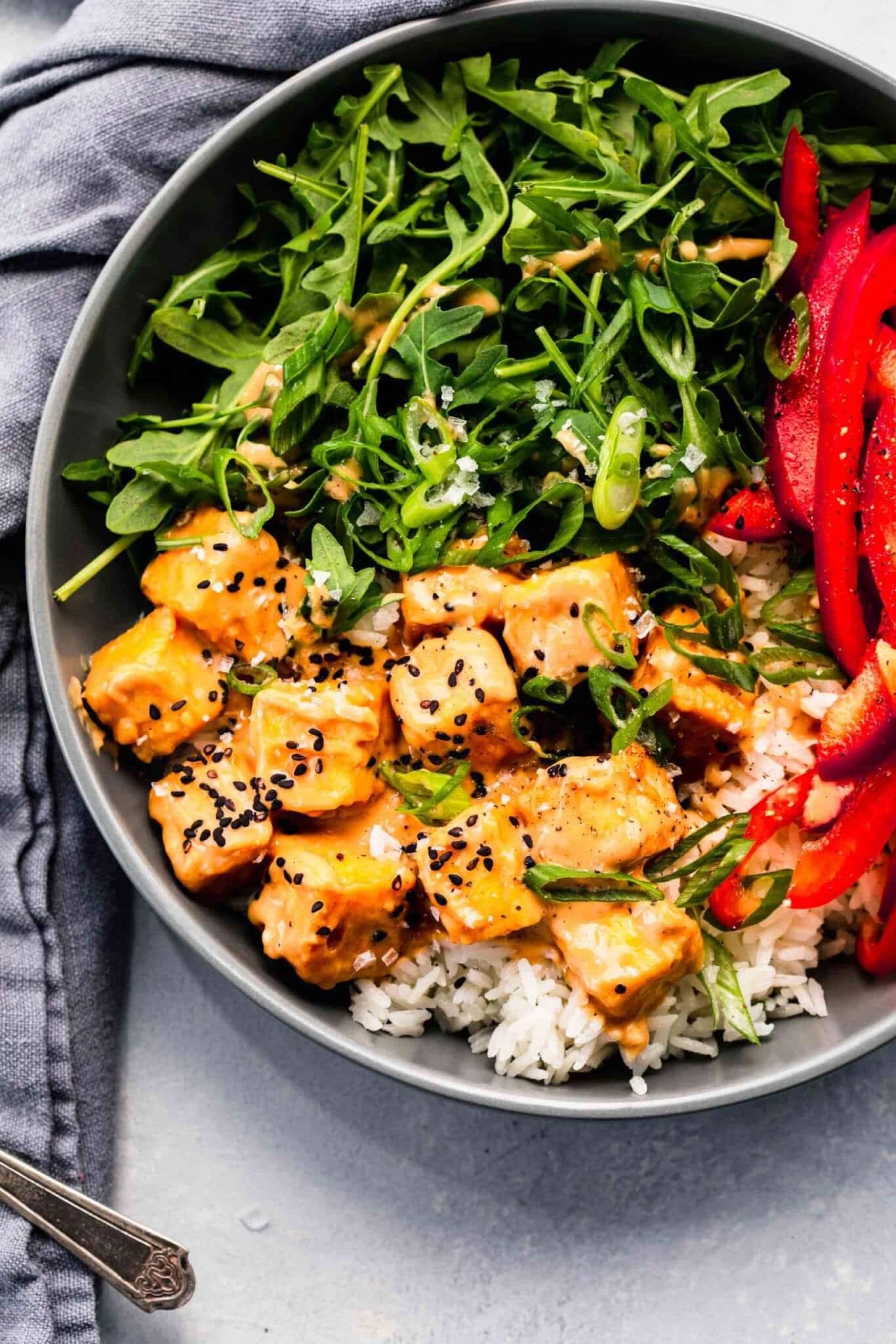 Spicy Peanut Tofu Bowls with Coconut Rice Platings + Pairings