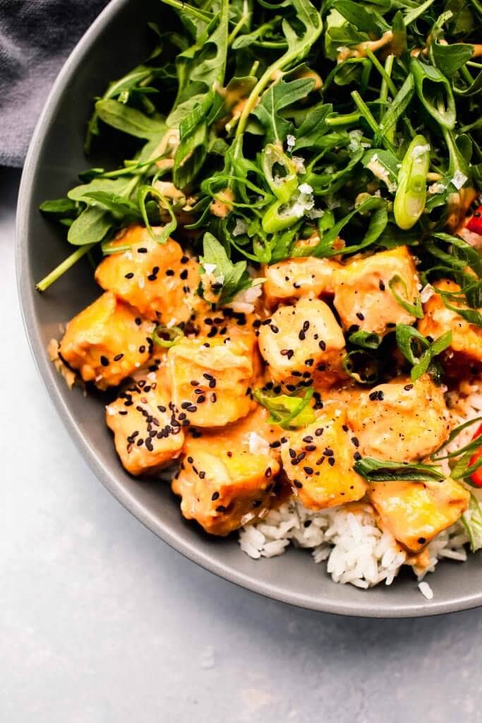 Spicy Peanut Tofu Bowls with Coconut Rice Platings + Pairings