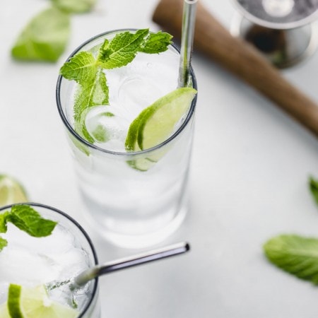 Overhead shot of mojito in glass.