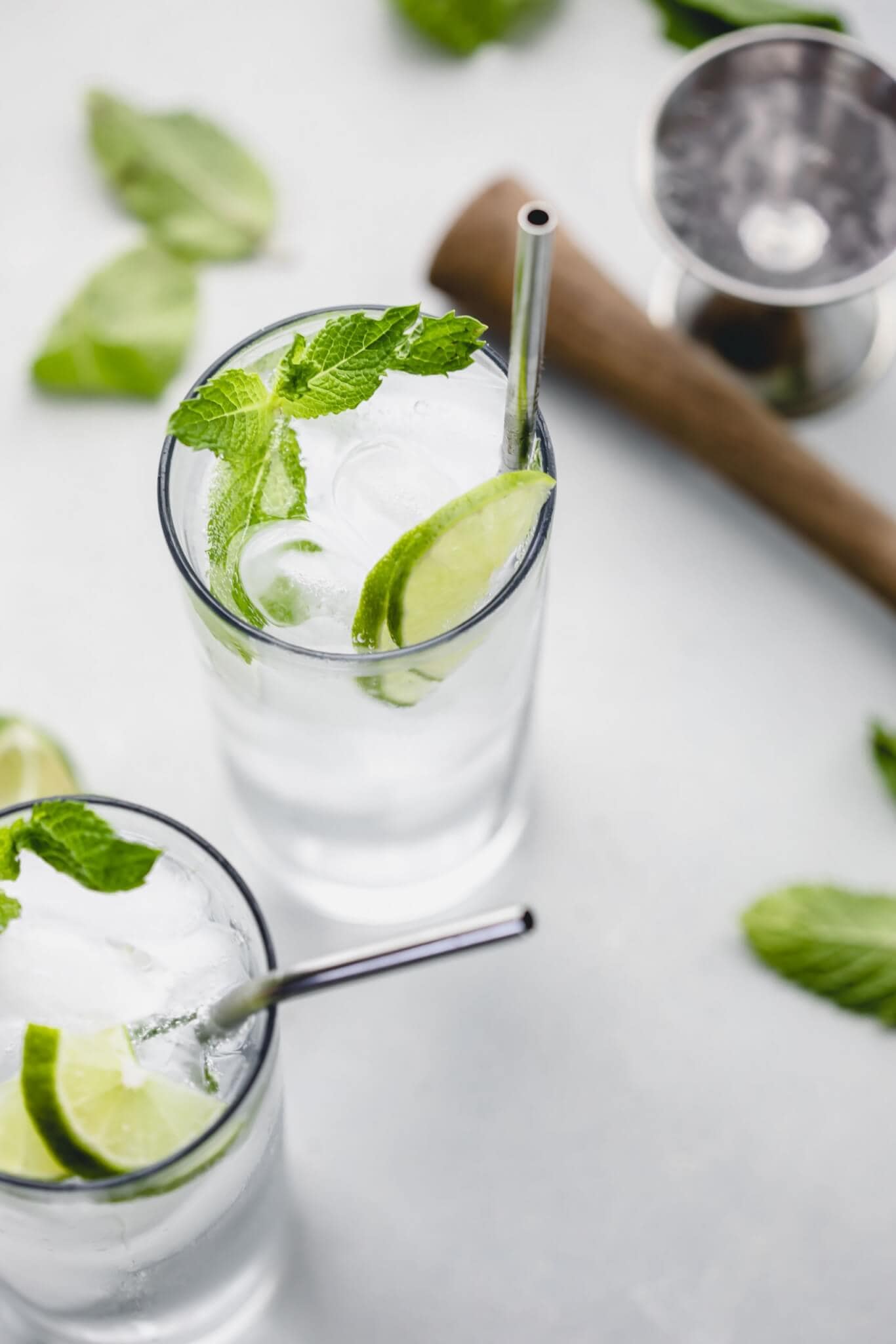 Overhead shot of mojito in glass.