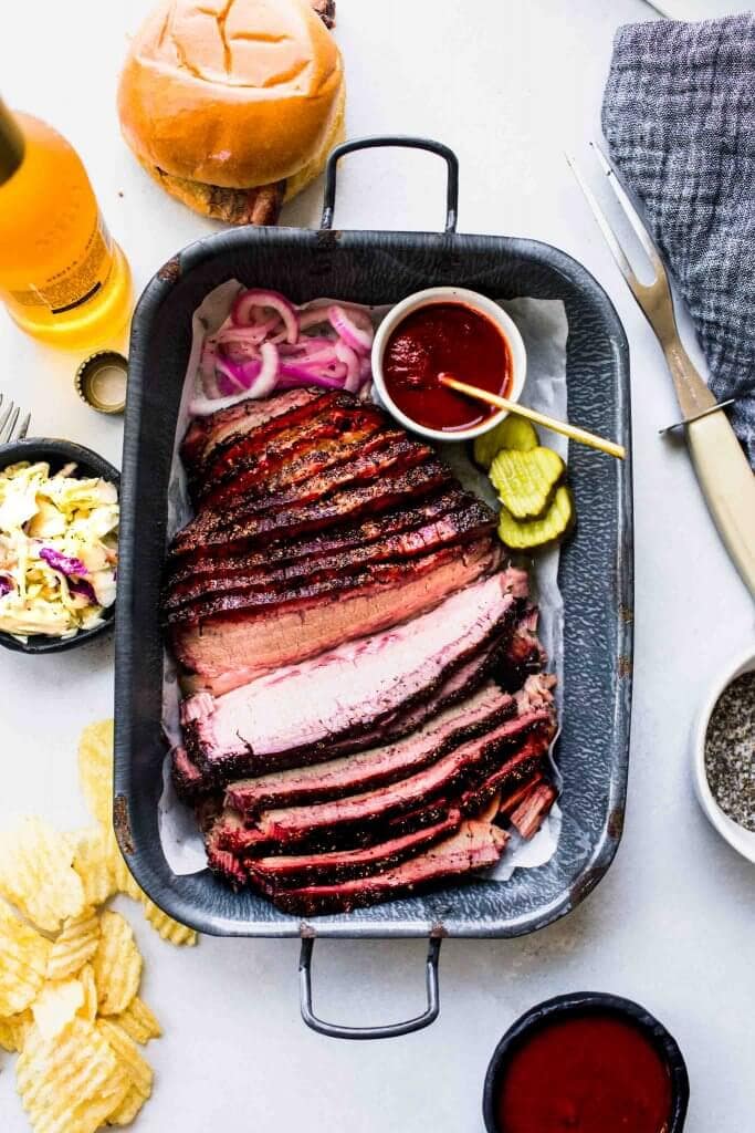 Brisket sliced in pan. 