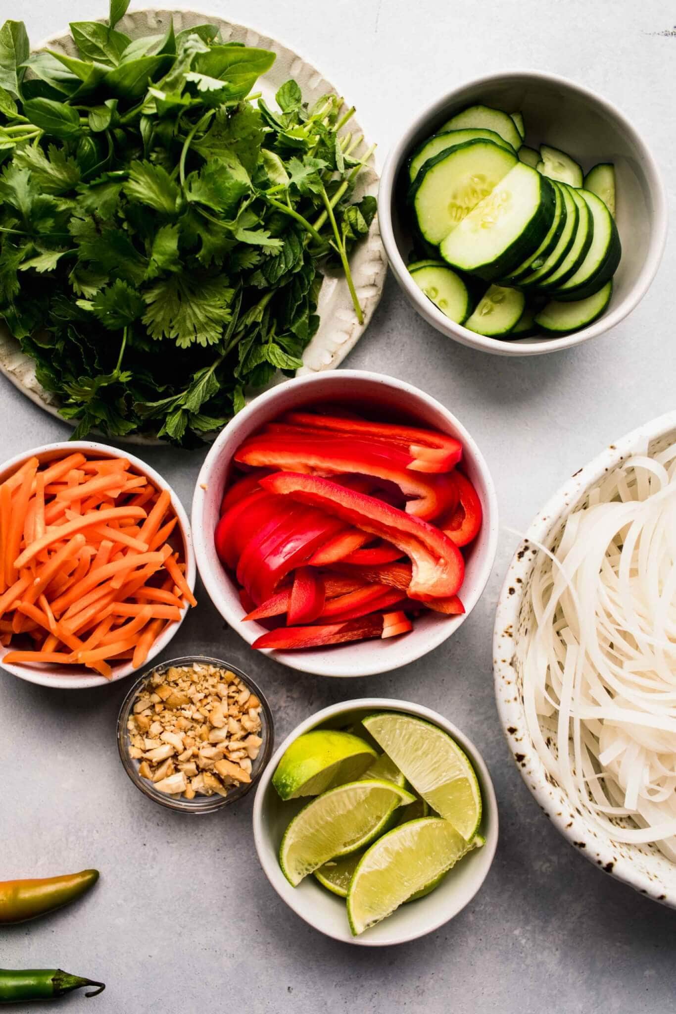 Ingredients for vietnamese noodle salad on countertop