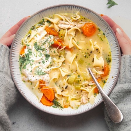 Hands holding bowl of chicken noodle soup.