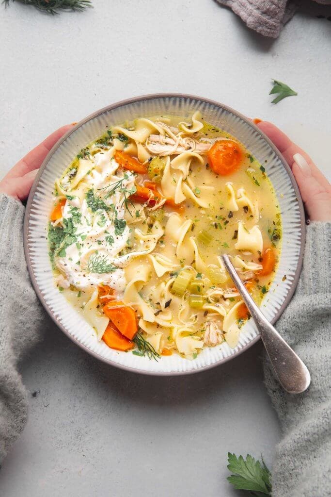 Hands holding bowl of chicken noodle soup.