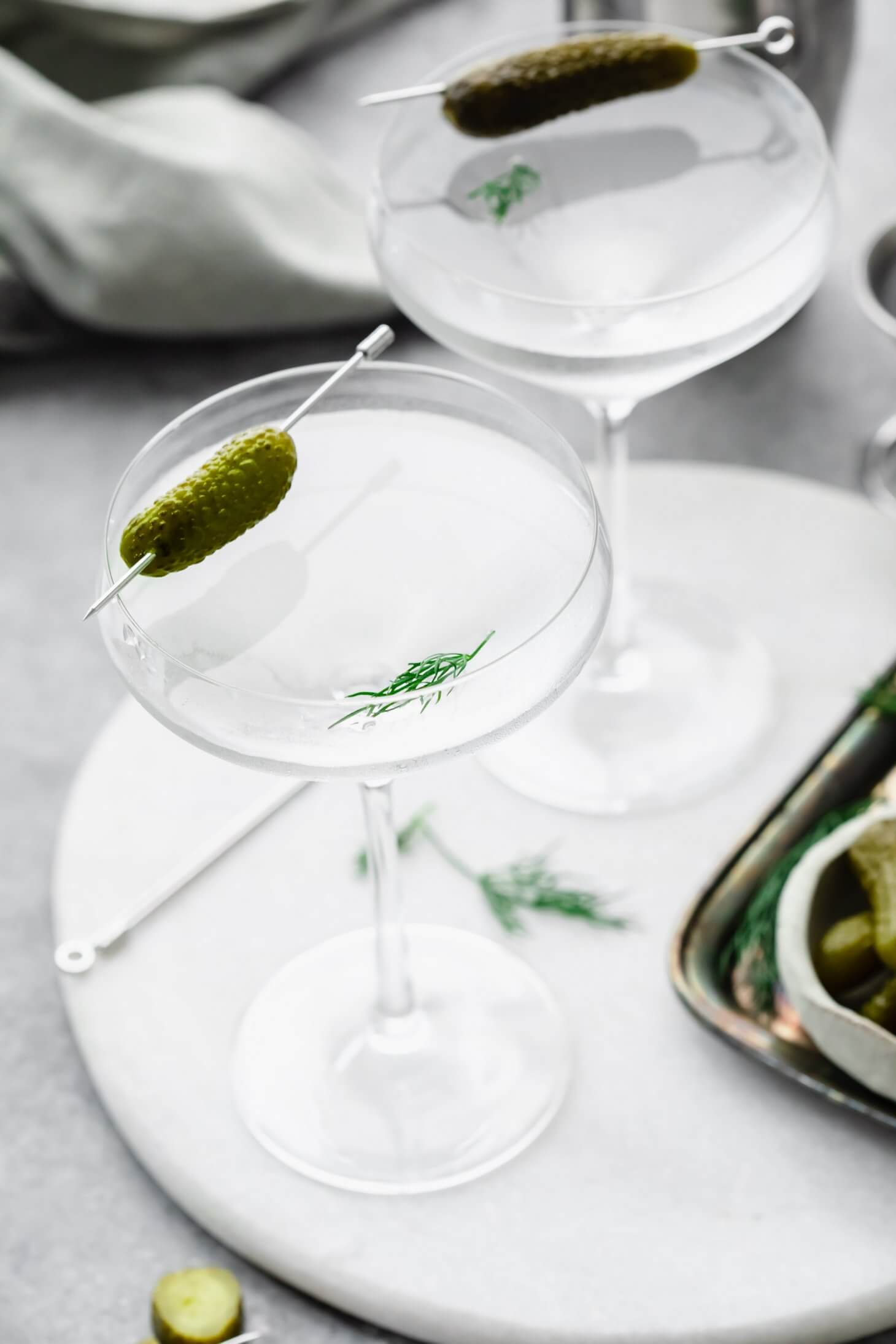 Dill Pickle Vodka Martini Recipe Platings + Pairings
