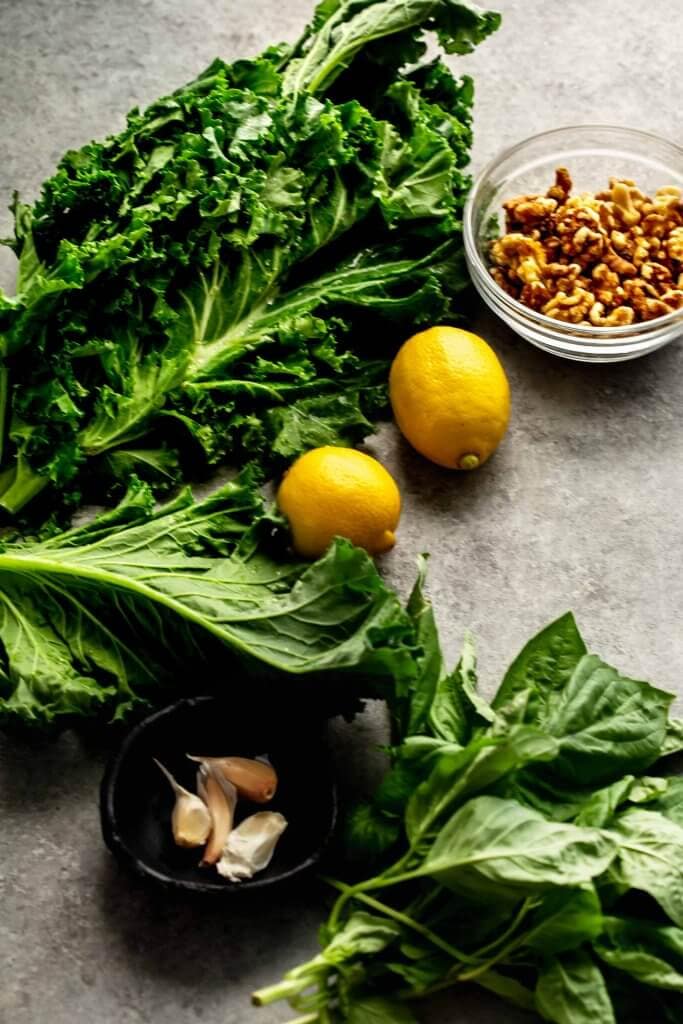 INGREDIENTS FOR KALE PESTO ON GREY COUNTERTOP