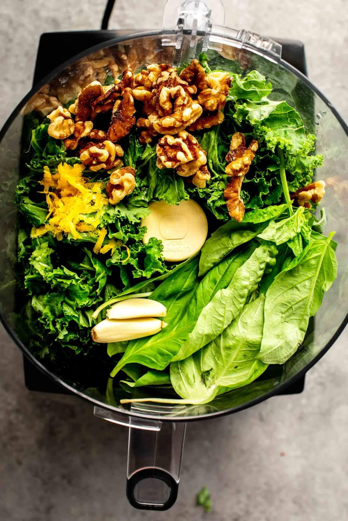 INGREDIENTS FOR KALE PESTO IN FOOD PROCESSOR