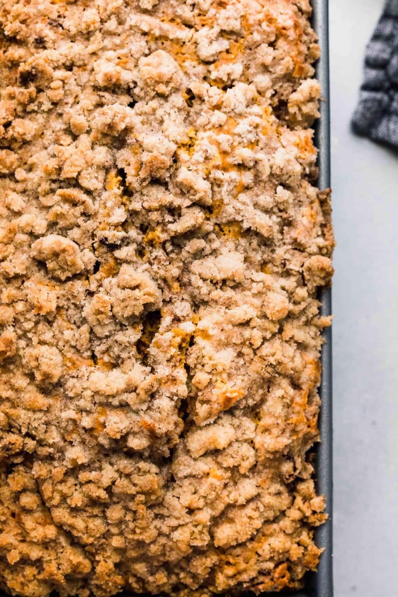 Overhead shot of baked pumpkin bread with streusel topping.