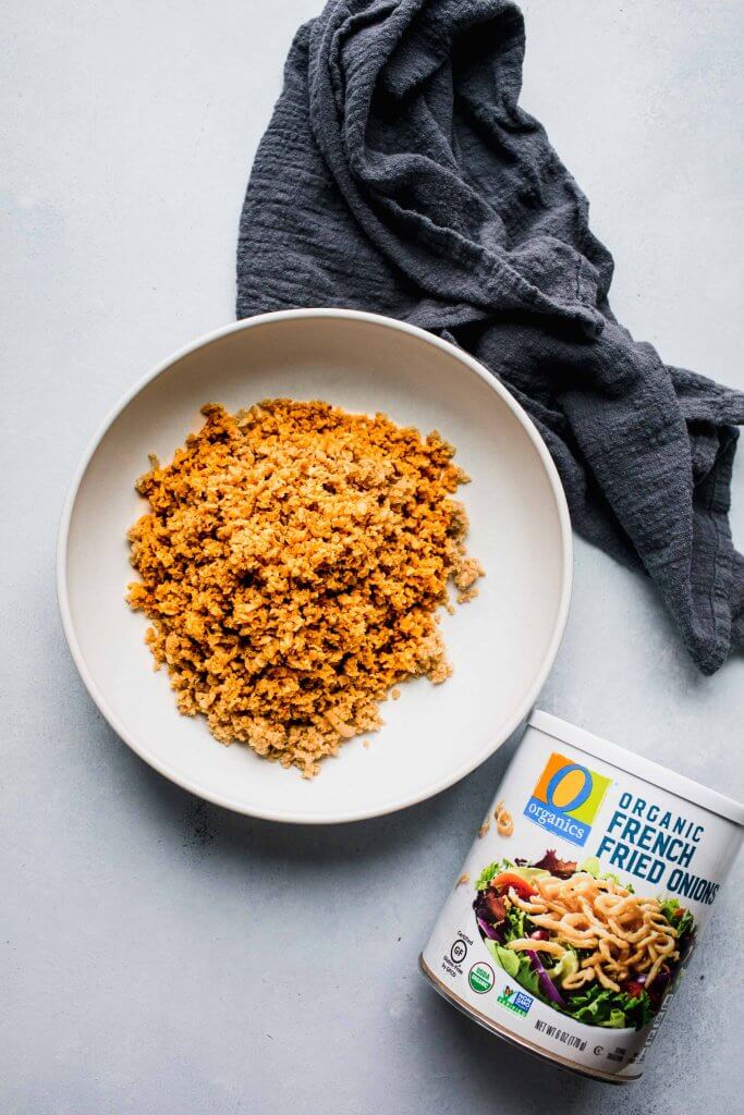 Crispy onions in bowl. 