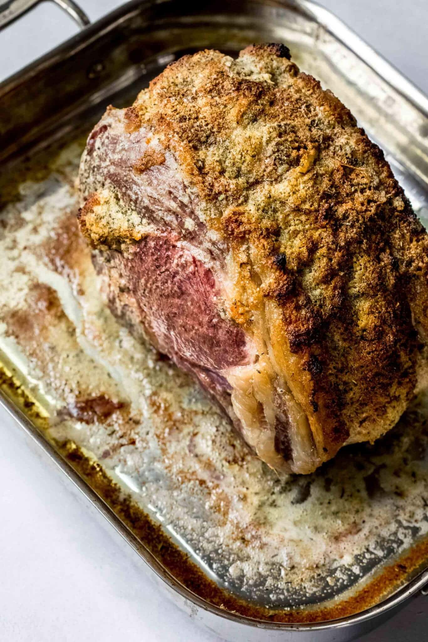 Prime rib after roasting in oven to get golden crust.