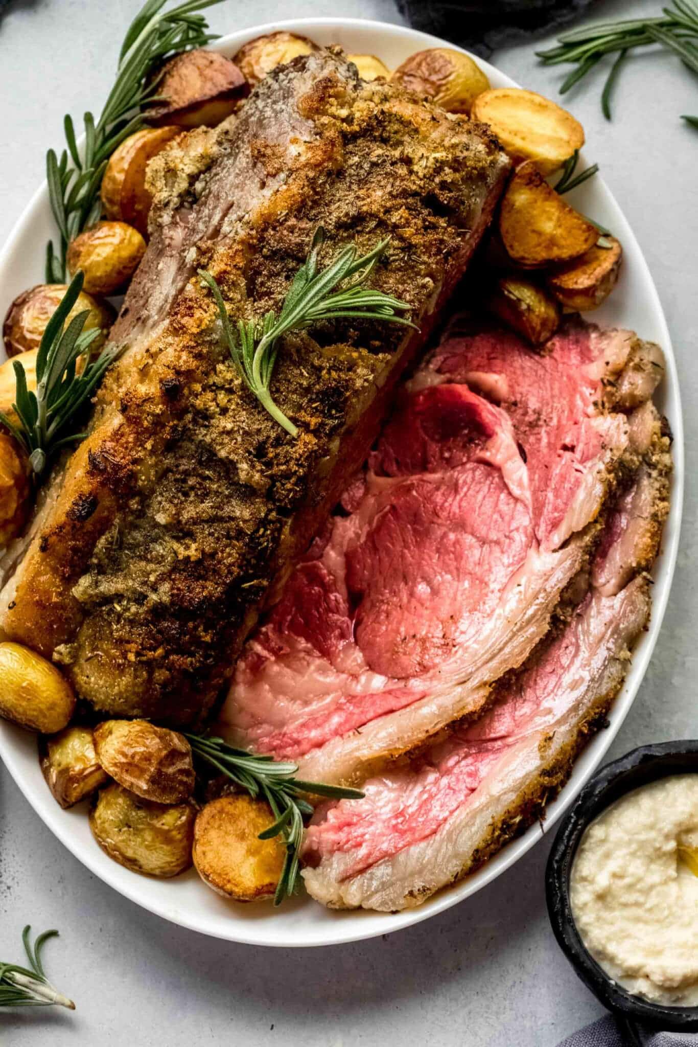 Sliced prime rib on platter. 