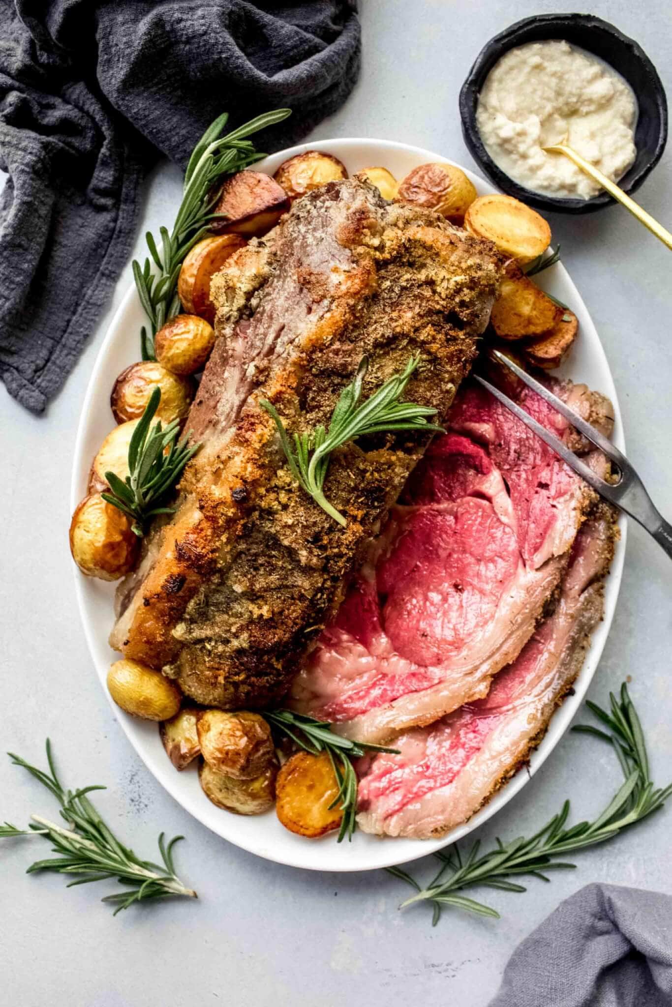 Platter of sliced prime rib. 