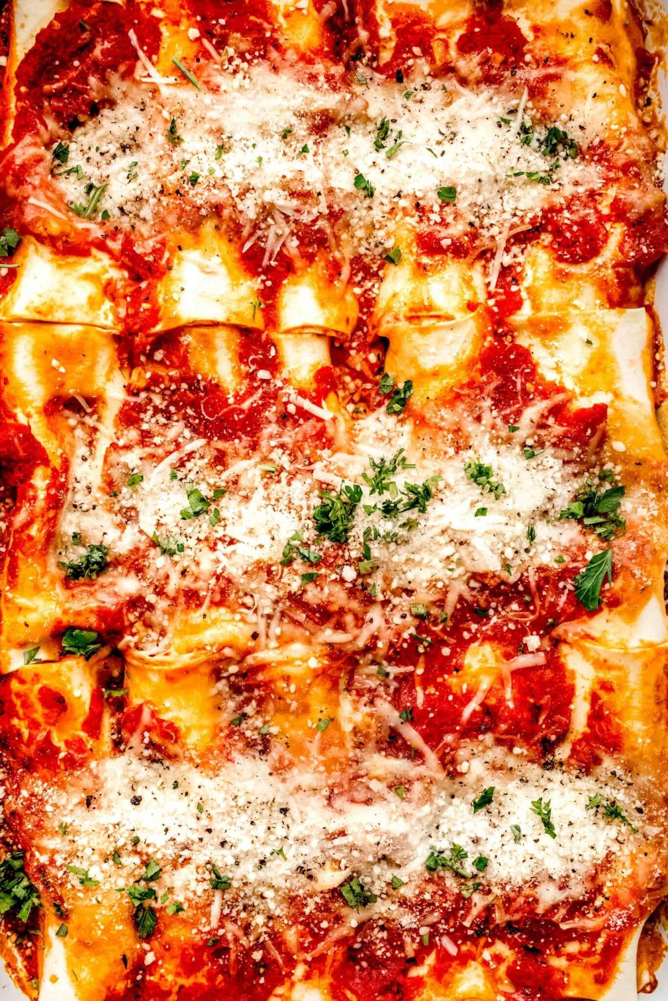 Baked manicotti in dish. 