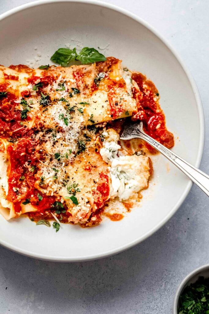 Manicotti in bowl.