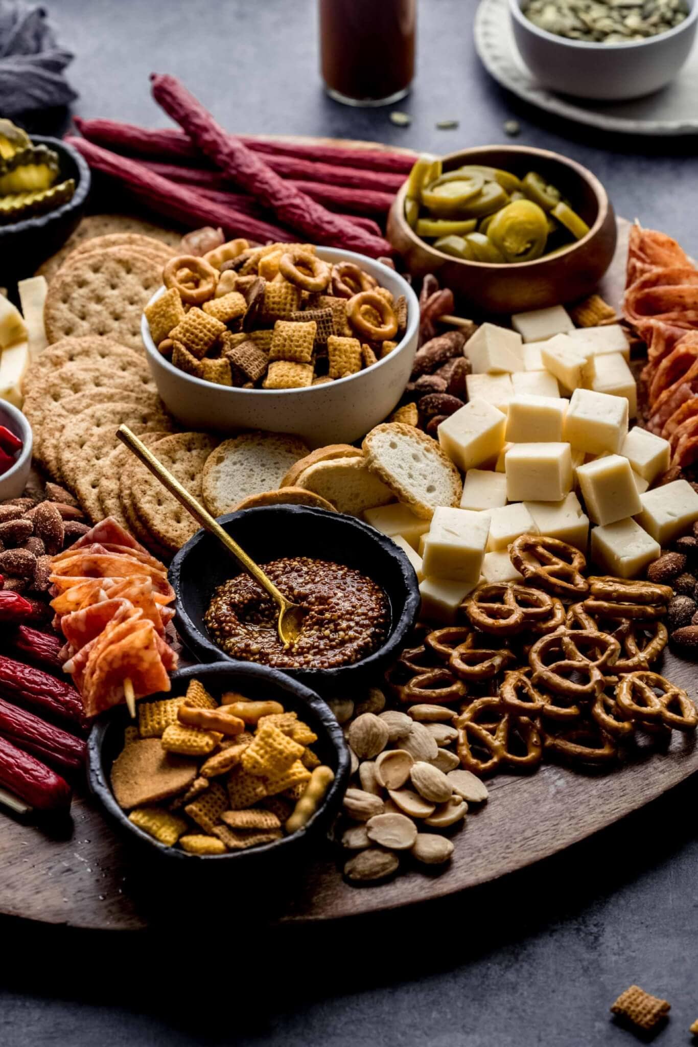 Side view of assembled game day charcuterie board. 