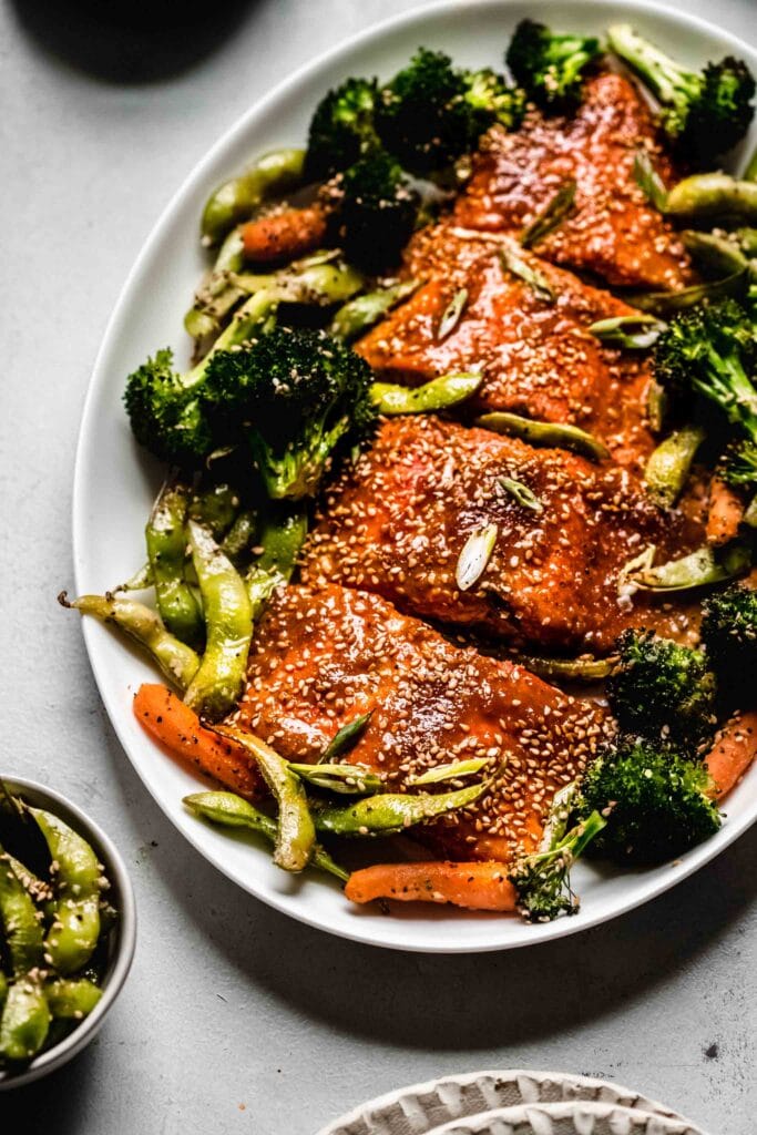 Miso salmon on serving platter. 