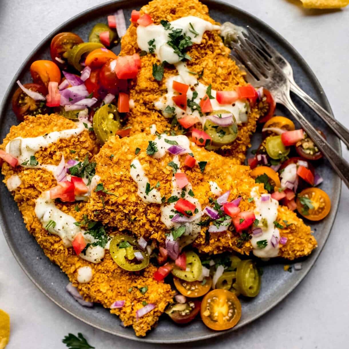 Tortilla Crusted Chicken Breasts with Queso Sauce Platings + Pairings