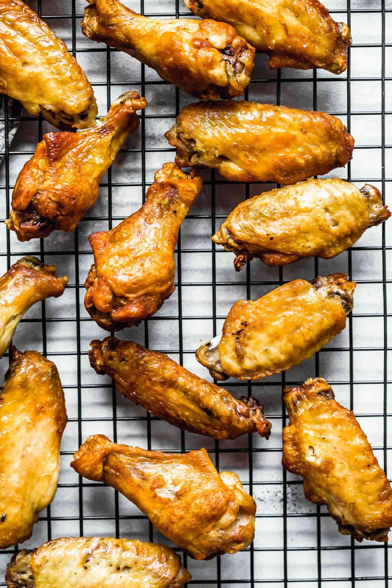 Air fryer wings on cooling rack.