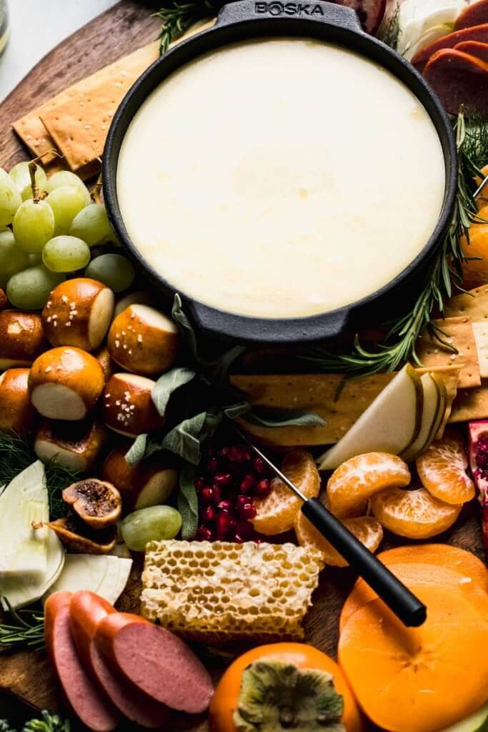 Close up of bowl of cheese fondue