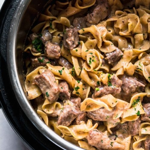 Beef stroganoff in instant pot liner.